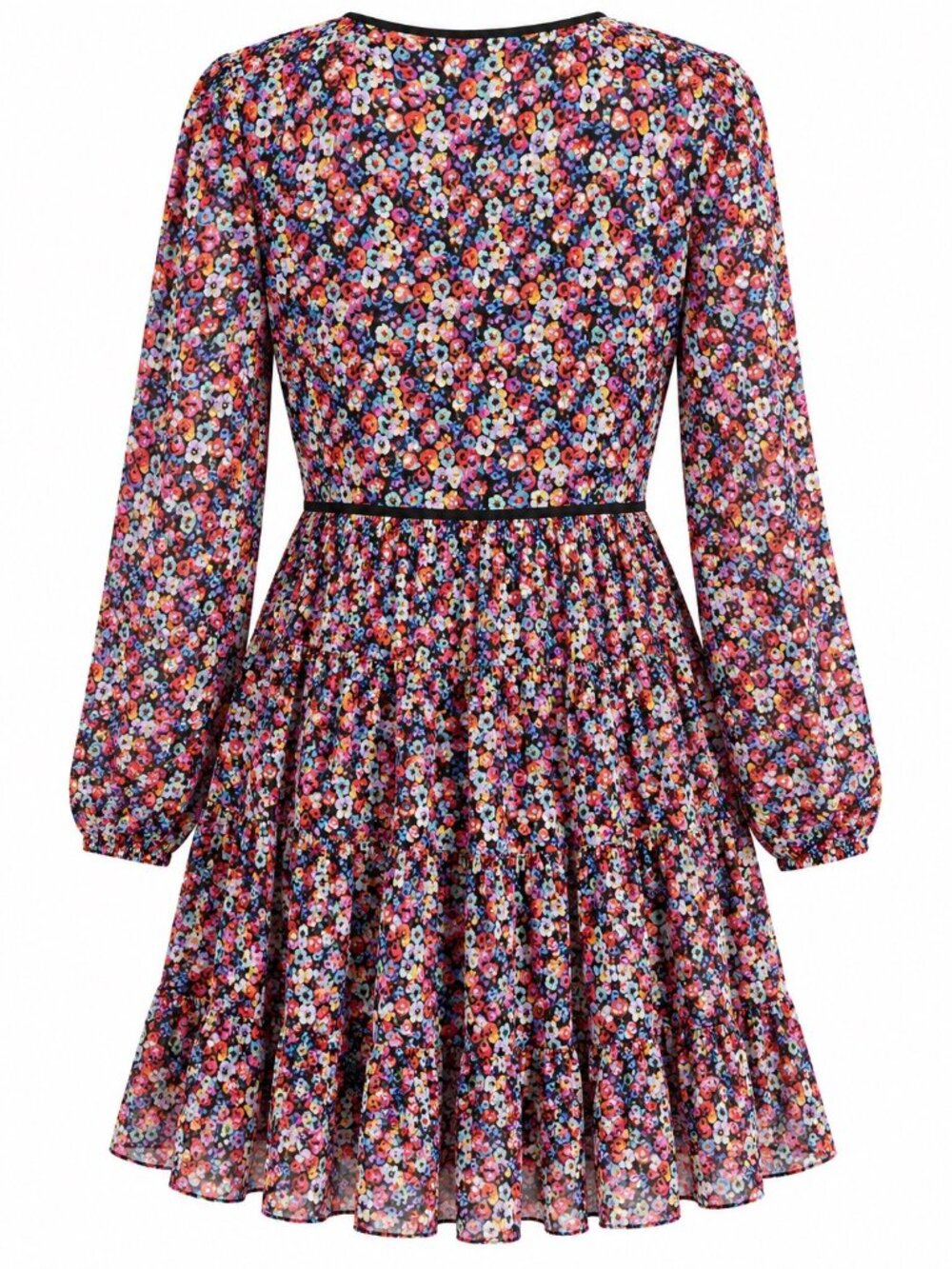 The Kooples Floral Long-Sleeve V-Neck Mini Dress Black Multicolor Size 1 - Picture 2 of 8